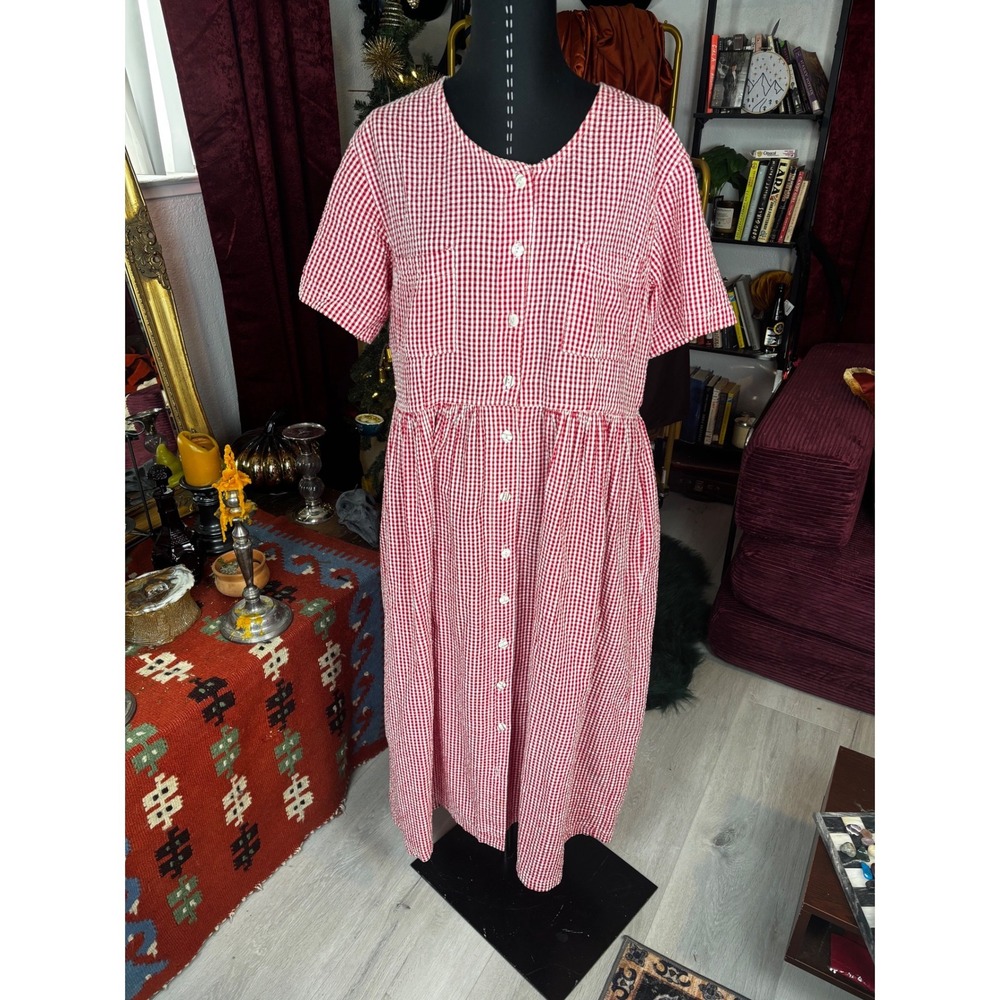 FADS Red Gingham Button Front Midi Dress Short Sleeve Cottagecore Prairie